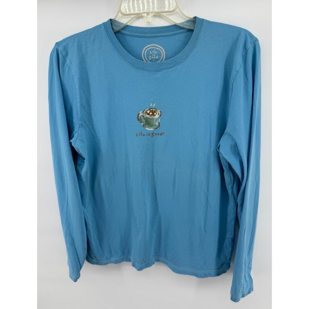 Life Is Good Womens Small Long Sleeve Blue Shirt Featuring Hot Cocoa Graphic